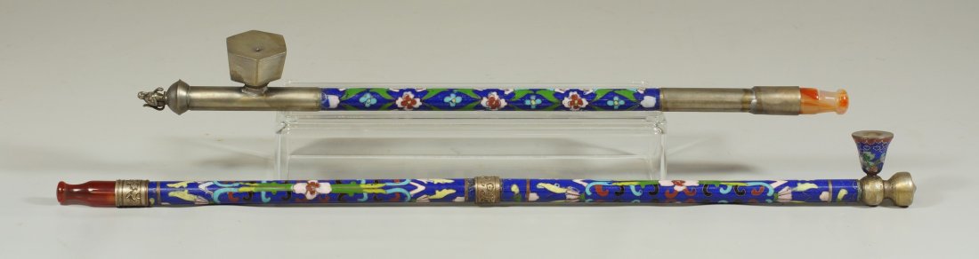 2 Chinese cloisonné opium pipes, both with carnelian: 2 Chinese cloisonné opium pipes, both with carnelian mouthpieces, longest 19"