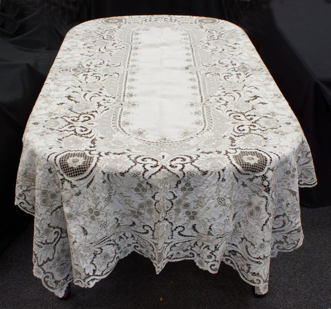 Large banquet sized cutwork tablecloth, intricate hand: Large banquet sized cutwork tablecloth, intricate hand embroidery, excellent condition, measures 109"l x 64 1/2" w