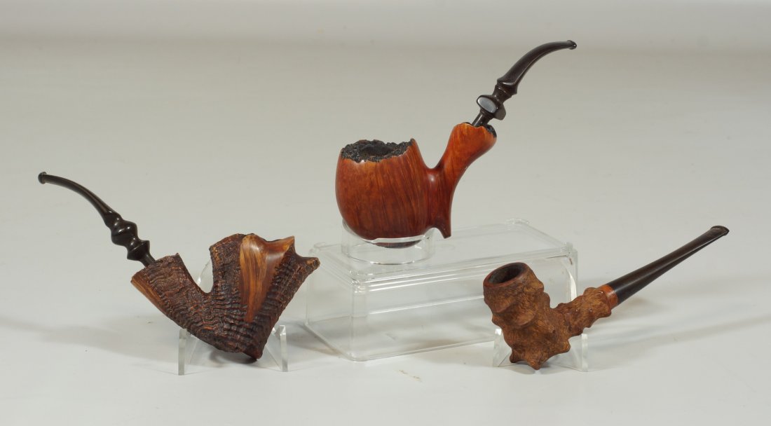 3 Custom hand carved burl pipes: Knute Ramses, Dublin: 3 Custom hand carved burl pipes: Knute Ramses, Dublin style and Ben Wade Brandy style