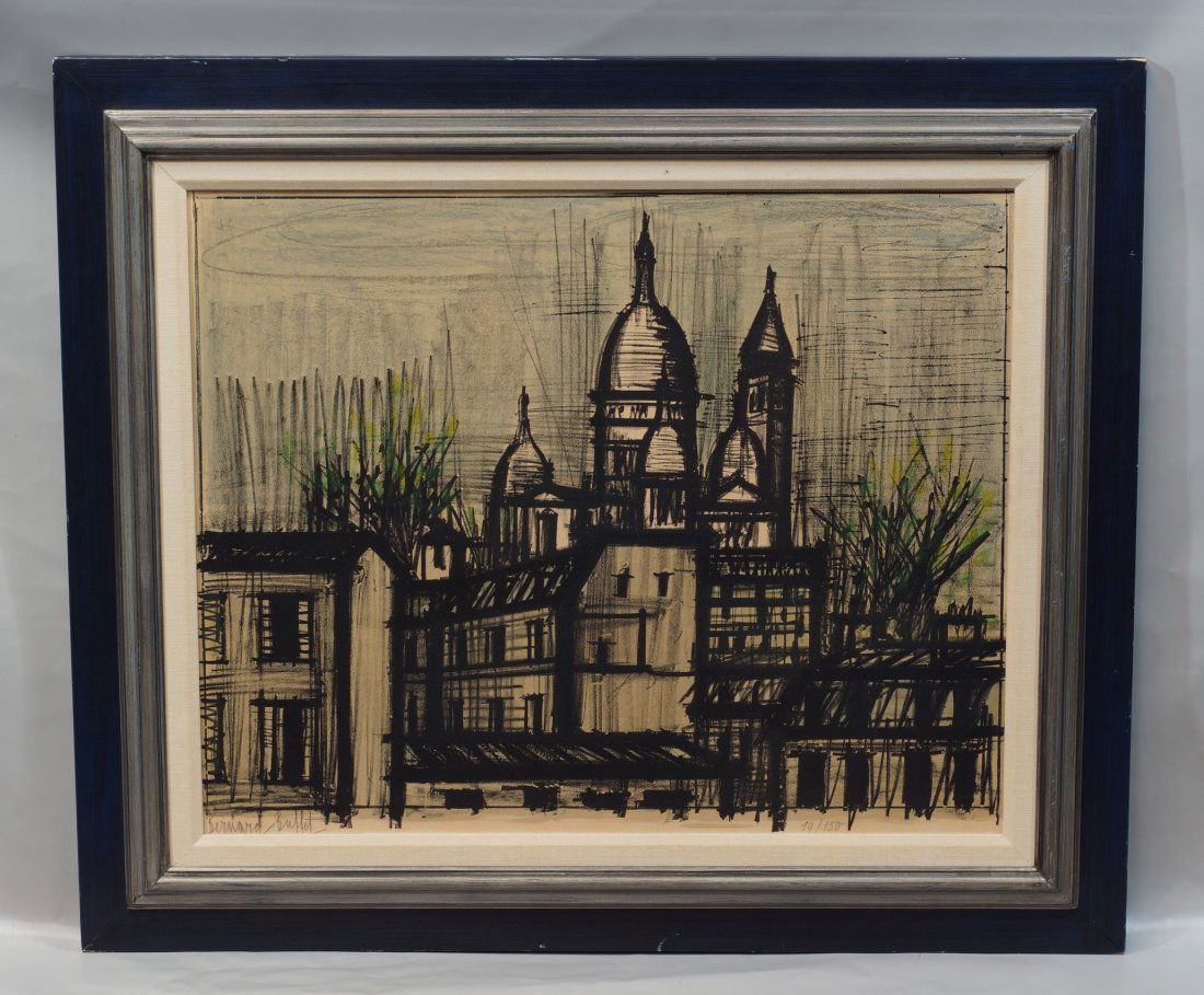 Bernard Buffet, French, 1928-1999, color lithograph,: Bernard Buffet, French, 1928-1999, color lithograph,"Paris, Le Sacre Coeur", pencil signed lower left, edition 19/150, 21 5/16" x 26 1/2" margins, 29"x 34" framed, has been laid down on board, margins