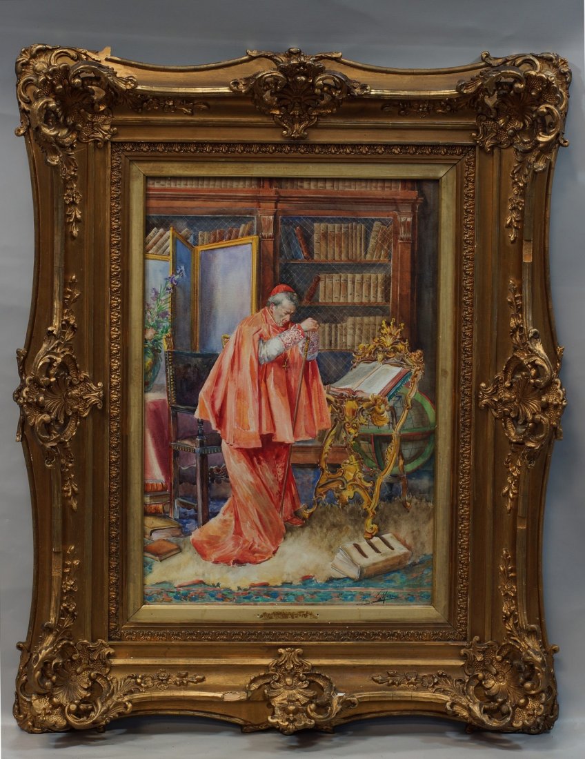 I Mori, 20th Century, watercolor, Bishop in Library,: I Mori, 20th Century, watercolor, Bishop in Library, signed lower right, 19 1/4" x 13" sight size, 31" x 24" framed, in ornate carve frame