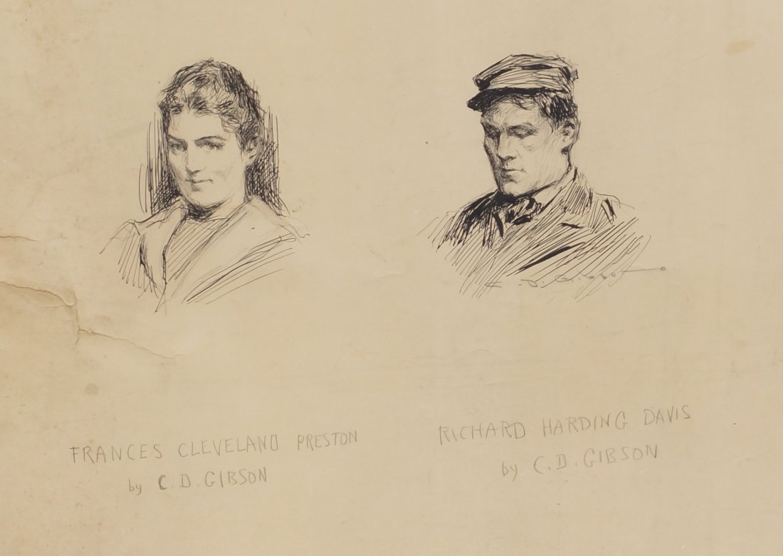 Charles Dana Gibson, pen and ink, Portraits of Frances: Charles Dana Gibson, pen and ink, Portraits of Frances Cleveland Preston and Richard Harding Davis, pencil signed and titled below each image, 17 1/2" x 22" paper size, 18 1/2" x 24 1/2" framed, creas