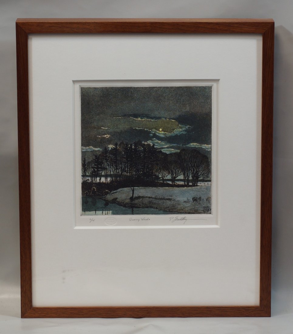 Peter Sculthorpe, American, PA/DE, b 1948, colored: Peter Sculthorpe, American, PA/DE, b 1948, colored etching, "Quarry Woods" edition 6/15, pencil signed lower right, monogrammed and dated '93 in plate, 7 3/4" x 7 3/4" plate size, 18" x 15" framed