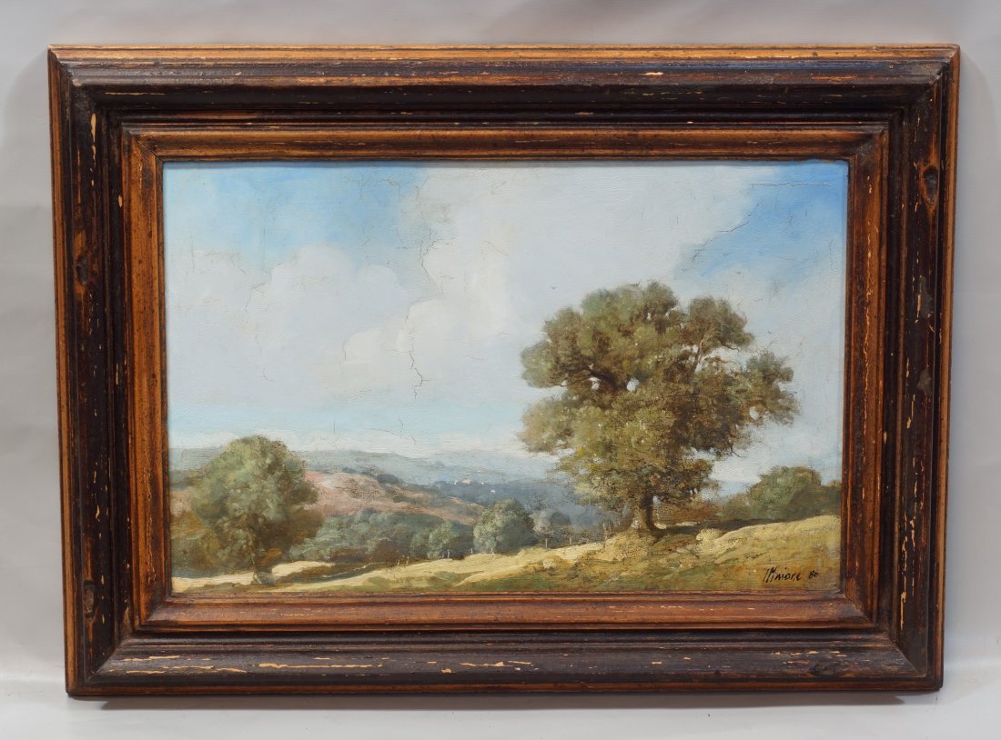 Robert Maione, American, 1932-1987, oil on masonite,: Robert Maione, American, 1932-1987, oil on masonite, Landscape, signed and dated '80 lower right, 10 1/2" x 16 1/4" sight size, 16" x 21 3/4" framed