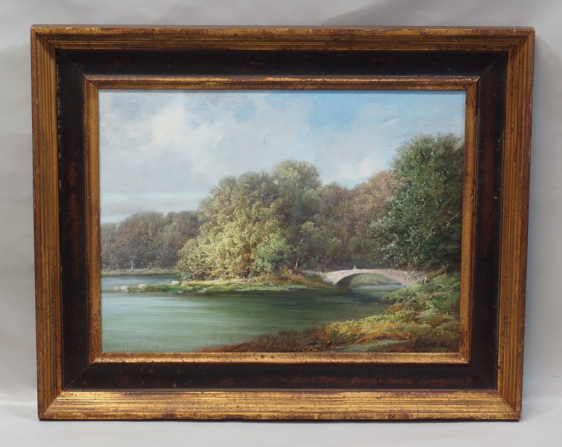 Robert Maione, American, 1932-1987, oil on canvas, "A: Robert Maione, American, 1932-1987, oil on canvas, "A River View", signed and dated '82 lower right, 11 1/4" x 15 1/4" sight size, 16 3/4" x 20 3/4" framed