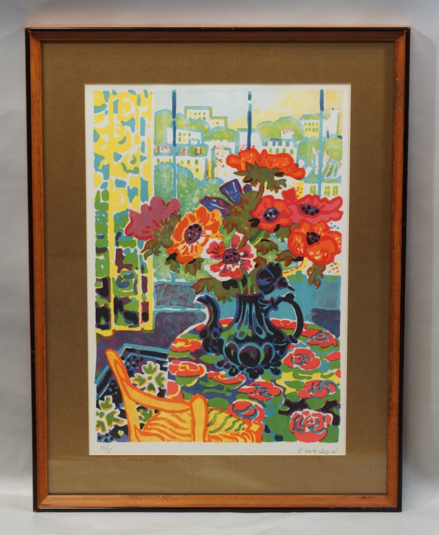 Guy Charon, French, b 1927, lithograph, Flower Vase on: Guy Charon, French, b 1927, lithograph, Flower Vase on Table, pencil signed lower right, 19" x 13 1/4" sight size, 25" x 19" framed