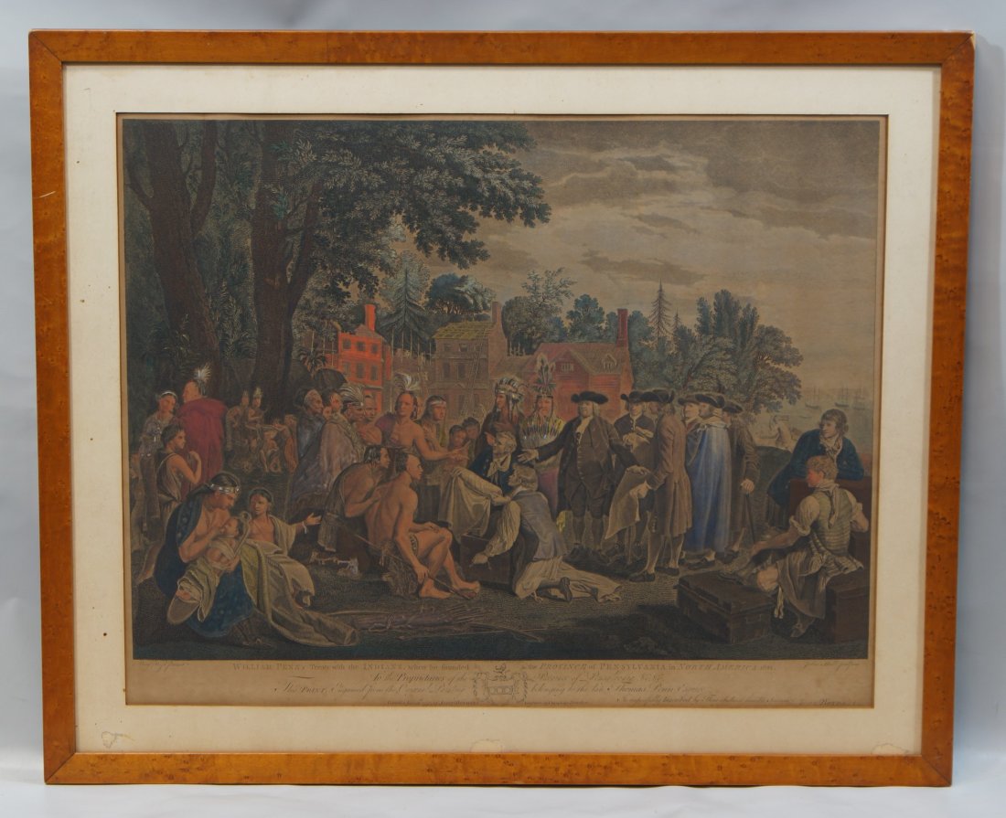 John Hall, English, 18th Century, after Benjamin West,: John Hall, English, 18th Century, after Benjamin West, hand colored etching, " William Penn's Treaty with the Indians", published June 12th 1775 by John Boydell, 18 1/2" x 23 1/4" sight size, 23 1/2"