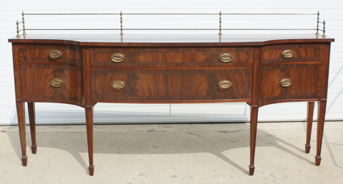 Baker inlaid mahogany Hepplewhite style sideboard with: Baker inlaid mahogany Hepplewhite style sideboard with brass gallery , 89-3/4" h, 38" h, 21-3/4" d, 7" gallery.