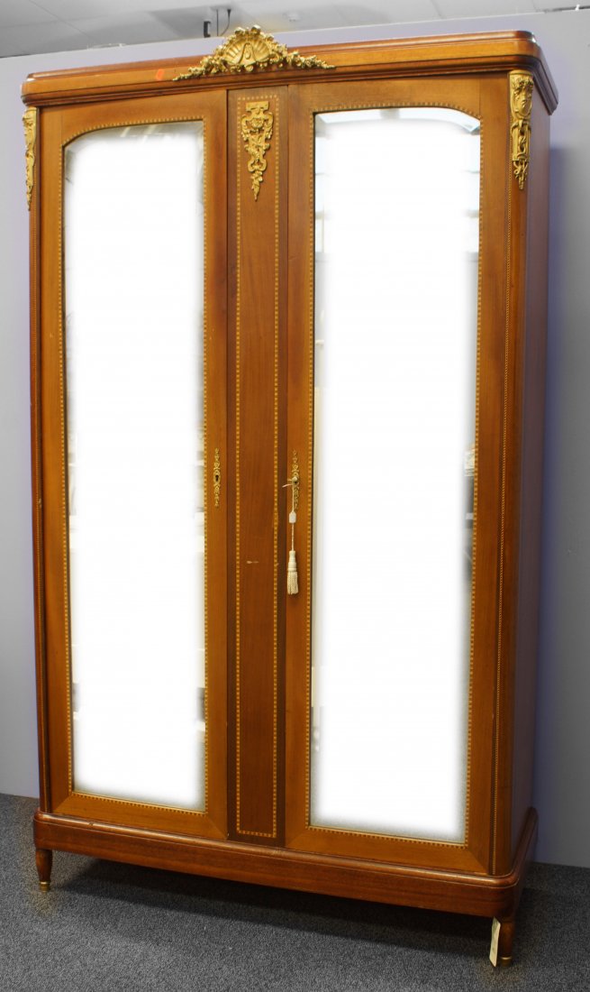French mahogany armoire, 2 mirrored doors, ormolu: French mahogany armoire, 2 mirrored doors, ormolu mounts, 52" w