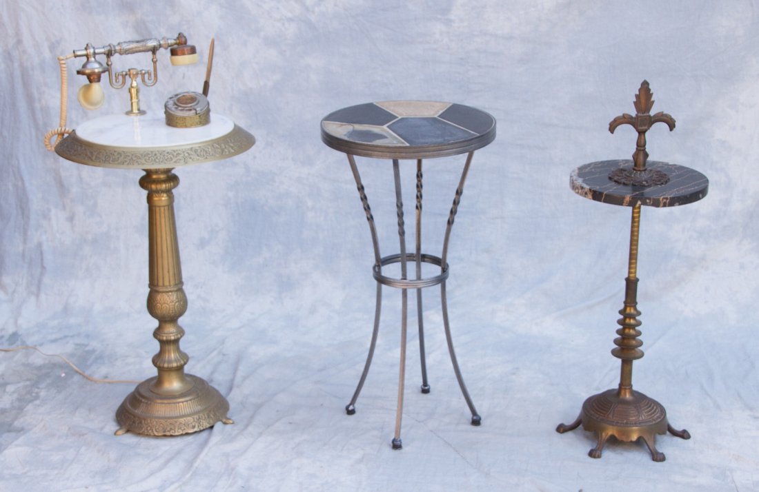 Lot of 3 small accent tables; 1- brass and white marble: Lot of 3 small accent tables; 1- brass and white marble telephone table with pen holder, 29-1/2"h x 15-1/2"w, 1-13" slate top, metal base table 25"h x 13"w, 1-brass and marble occasional table 29.5"h 
