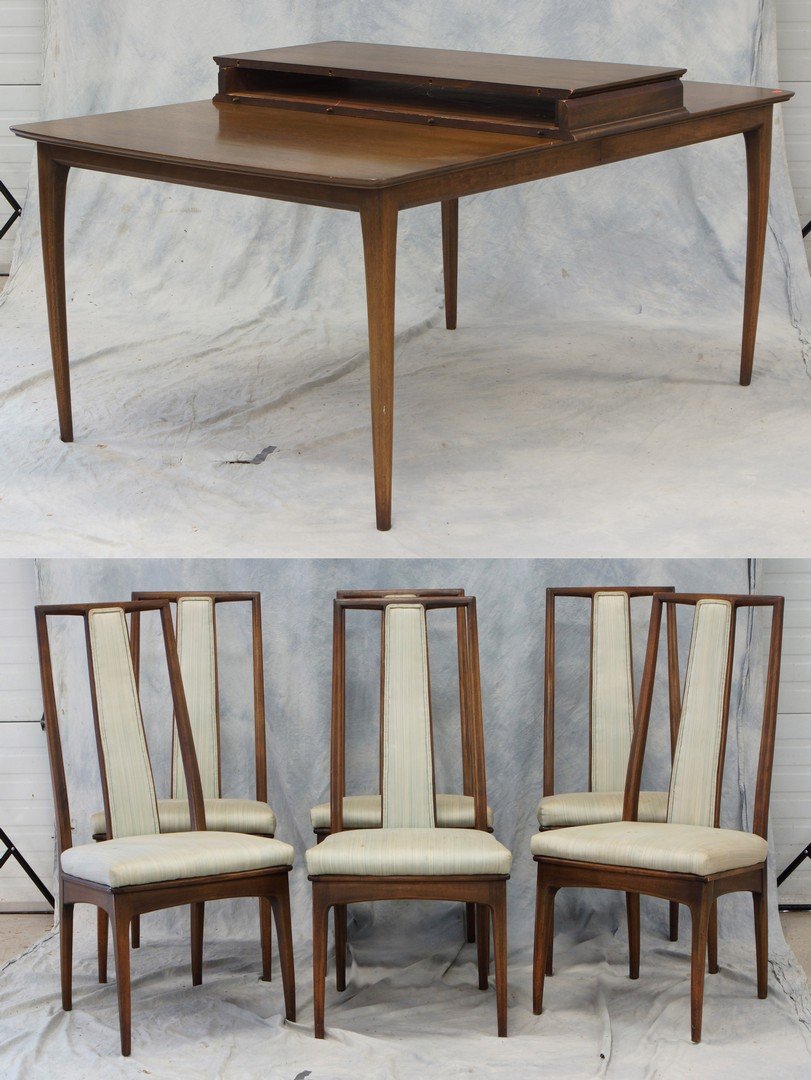 John Stuart Widdicomb modern design dining room table: John Stuart Widdicomb modern design dining room table and 6 chairs, 2 leaves, 29-1/4" h, 43-1/4" w, 65" long, leaves 18"