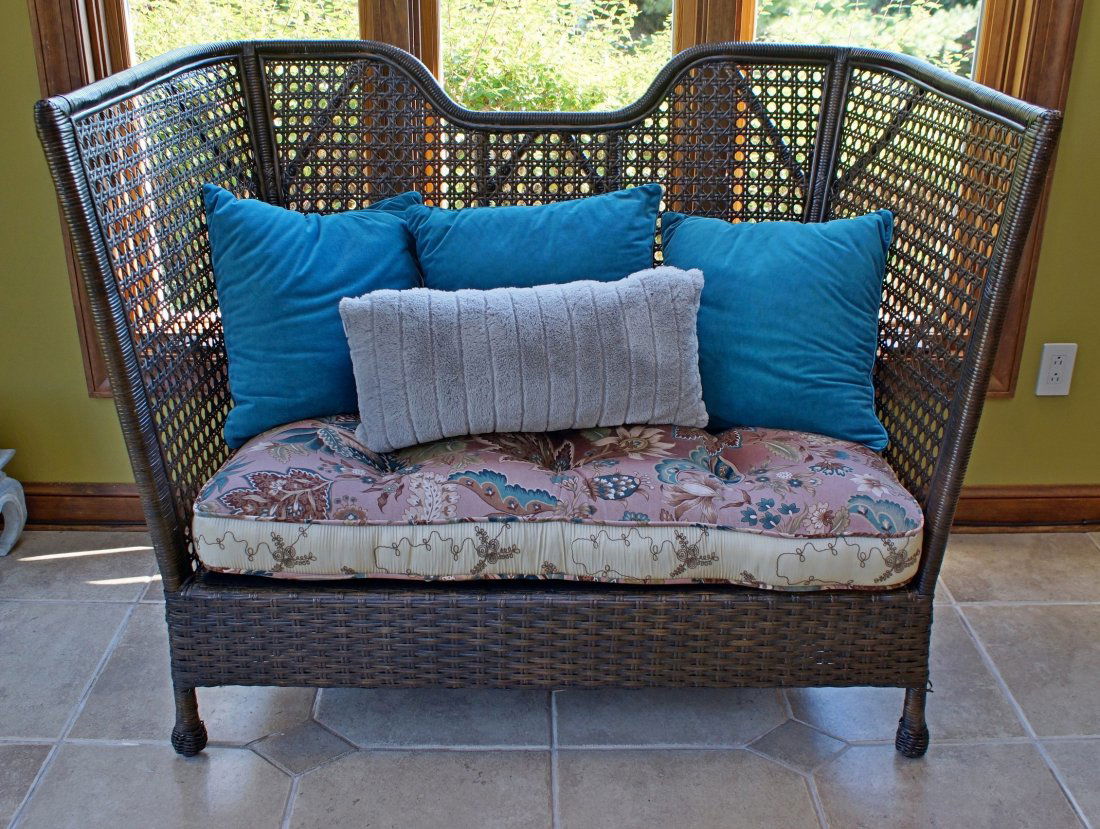 High-back rattan settee with caned sides and back, 53": High-back rattan settee with caned sides and back, 53" w, 42" h
