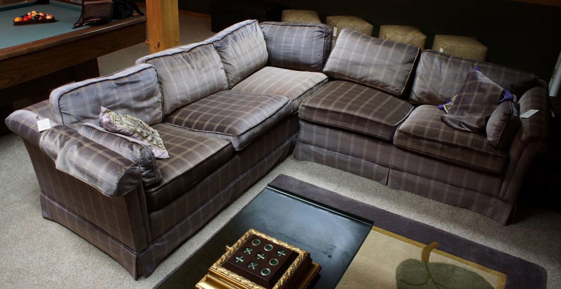 Ethan Allen 2 piece sectional sofa, grey velvet: Ethan Allen 2 piece sectional sofa, grey velvet upholstery, 93" long, and 95" long