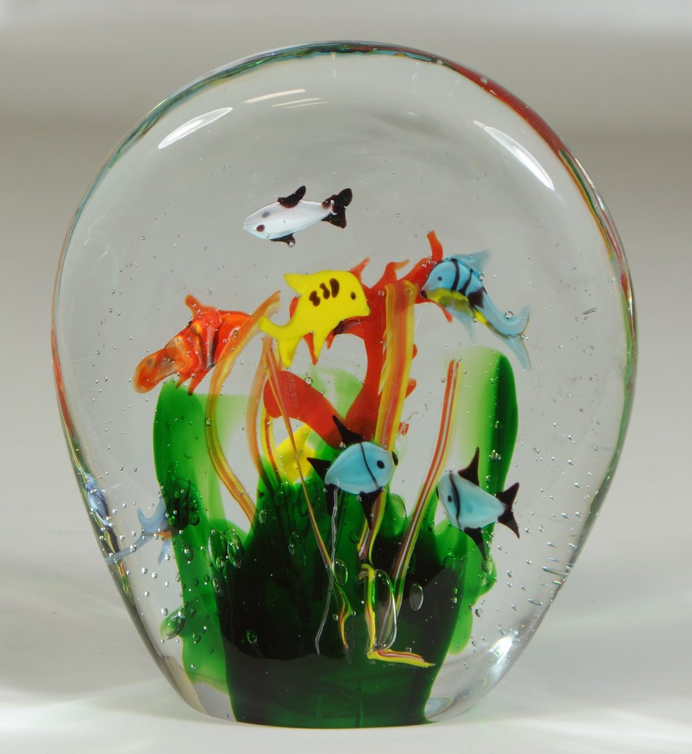 Unmarked art glass paperweight with fish, coral, and: Unmarked art glass paperweight with fish, coral, and seaweed design, 7 1/2" h