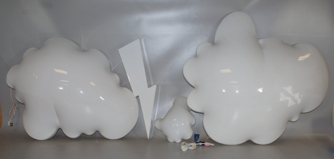 (4) Remo Saraceni, Italian, 20th Century, Group of 4: (4) Remo Saraceni, Italian, 20th Century, Group of 4 molded acrylic lamps: 2 large cloud lamps, 33" l, 30" w, one without light fixture; lightning bolt, without light fixture; small cloud, 11 1/2" l, 