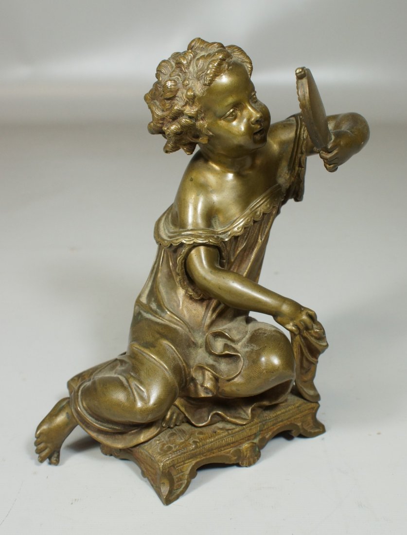 French bronze figure of young girl admiring her: French bronze figure of young girl admiring her reflection in a mirror, unsigned, 6" h, arm lose