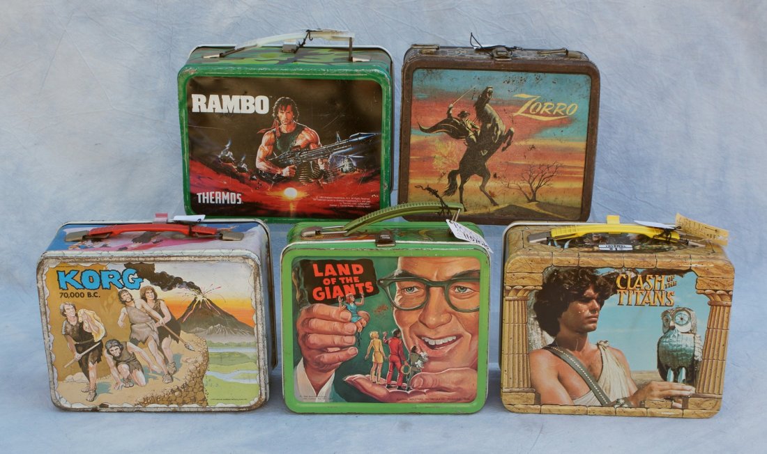 5 Tin lunch boxes, to include: Zorro, Rambo, Korg, Land: 5 Tin lunch boxes, to include: Zorro, Rambo, Korg, Land of the Giants, and Clash of the Titans