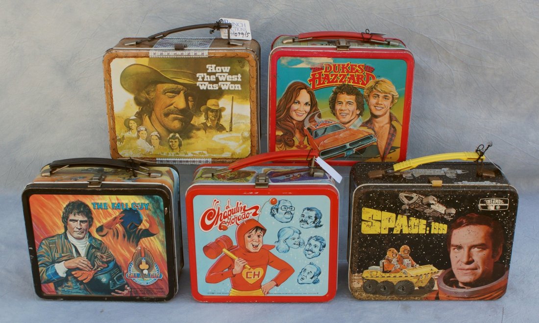 5 Tin lunch boxes, to include: How the West Was Won,: 5 Tin lunch boxes, to include: How the West Was Won, The Fall Guy, The Dukes of Hazzard, Space 1999 and El Chapulin Colorado