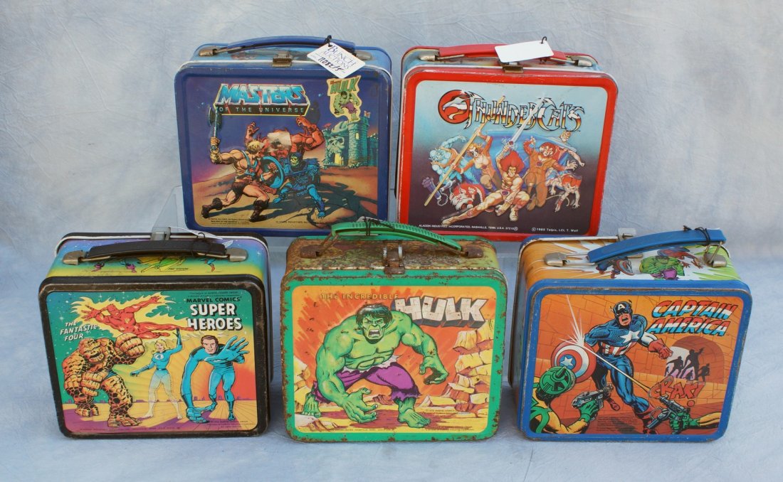 5 Tin lunch boxes, to include: Masters of the Universe,: 5 Tin lunch boxes, to include: Masters of the Universe, Captain America, Thunder Cats, Super Heroes, The Incredible Hulk