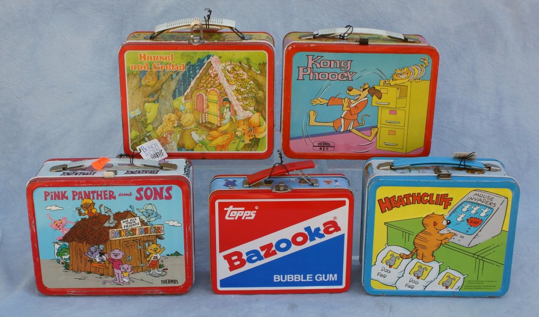 5 Tin lunch boxes, to include: Bazooka, Hansel and: 5 Tin lunch boxes, to include: Bazooka, Hansel and Gretel, Kong Phooey, Pink Panther and Sons and Heathcliff