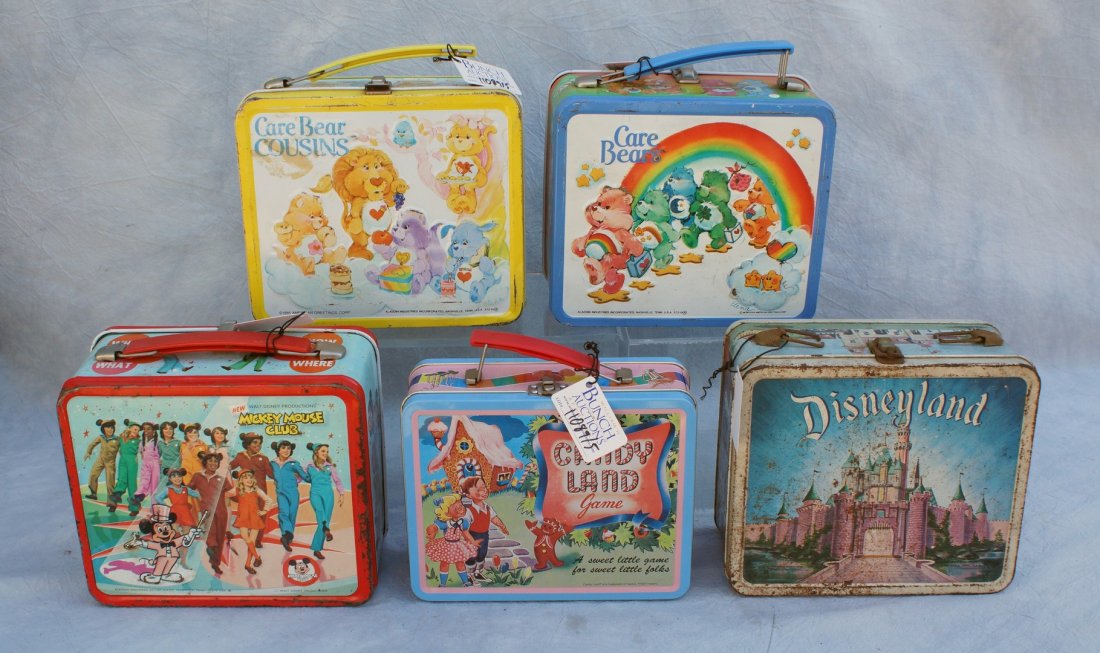 5 Tin lunch boxes, to include: Candy Land, Care Bears,: 5 Tin lunch boxes, to include: Candy Land, Care Bears, Care Bear Cousins, Mickey Mouse Club, and Disneyland