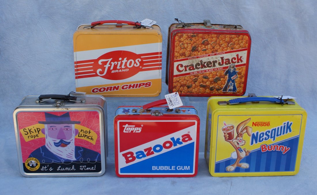 5 Tin lunch boxes, to include: Bazooka, Einstein: 5 Tin lunch boxes, to include: Bazooka, Einstein Brothers Bagels, Nestle Nesquik Bunny, Fritos Cornships, and Cracker Jack