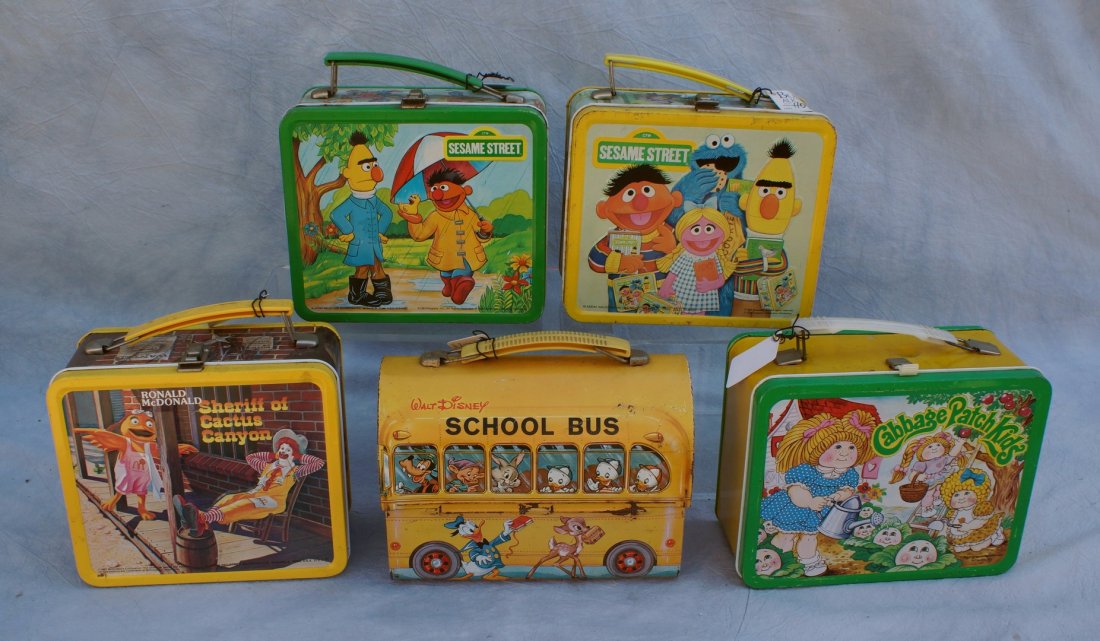 5 Tin lunch boxes, to include: 2 Sesame Street, Ronald: 5 Tin lunch boxes, to include: 2 Sesame Street, Ronald McDonald Sheriff of Cactus Canyon, Ronald McDonald School Bus, Cabbage Patch Kids