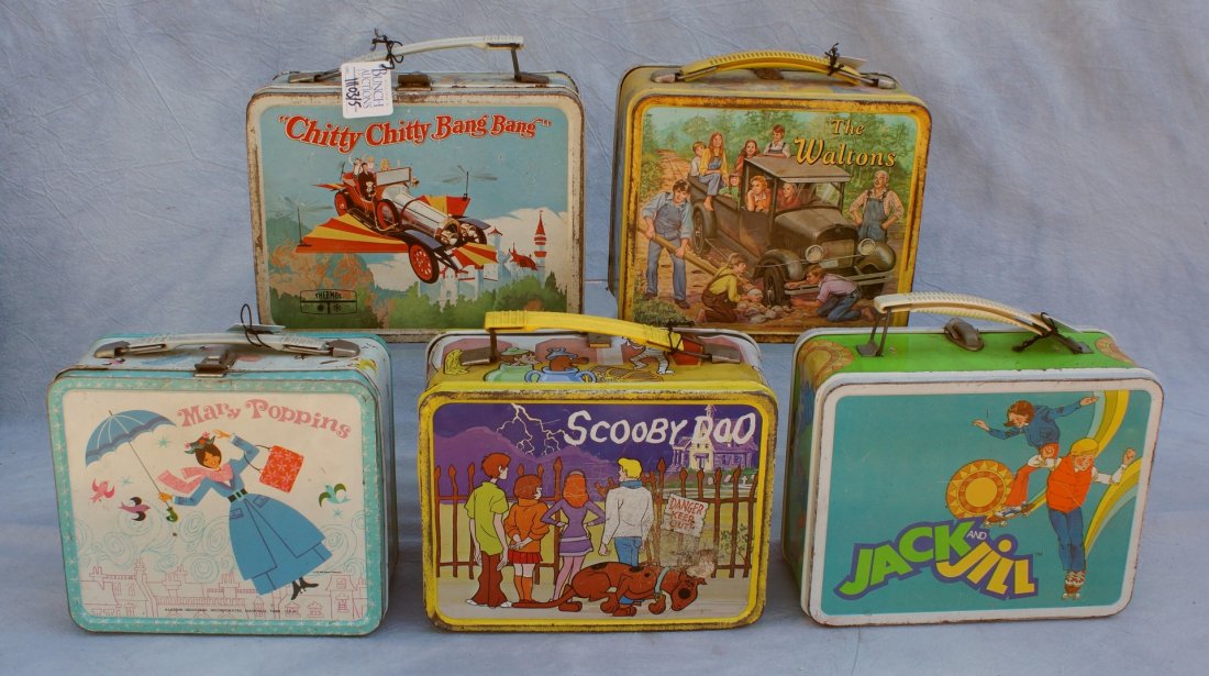 5 Tin lunch boxes, to include: Chitty Chitty Bang Bang,: 5 Tin lunch boxes, to include: Chitty Chitty Bang Bang, The Waltons, Scooby Doo, Mary Poppins, Jack and Jill