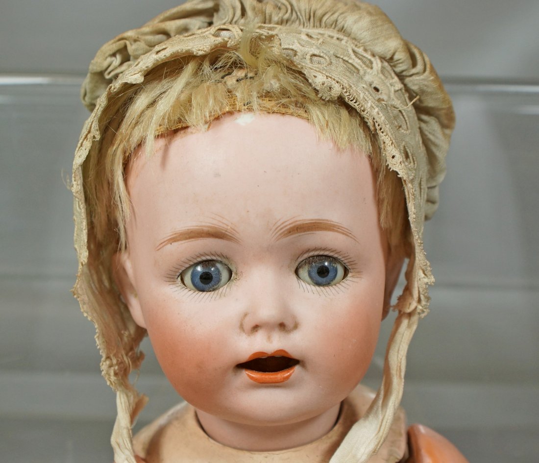 antique, Kestner bisque toddler doll, mold 257; sleep: antique, Kestner bisque toddler doll, mold 257; sleep eyes, open mouth with wobbly tongue, plaster pate, original mohair wig, jointed composition body, condition is good, 12" tall