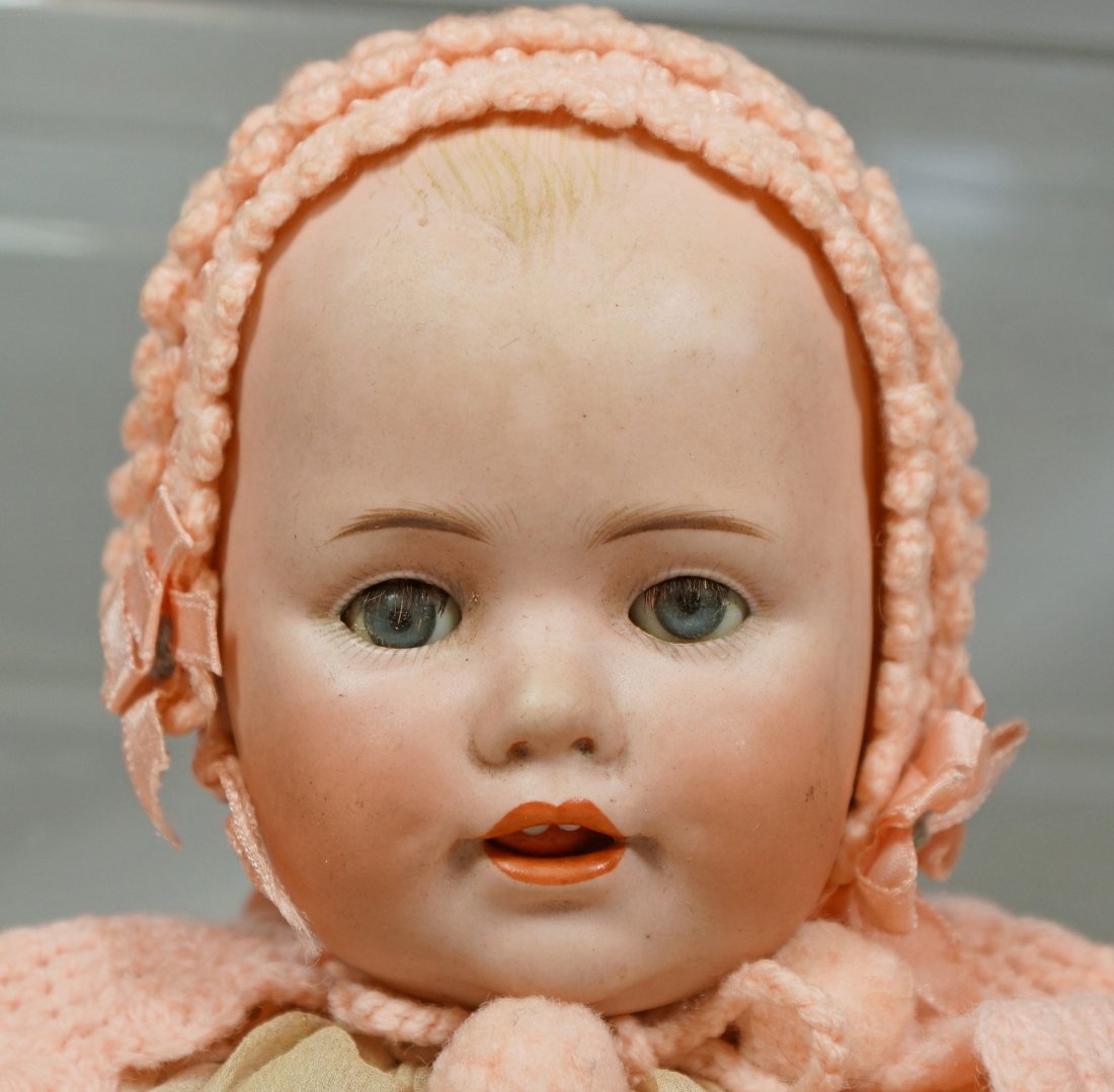 Kestner bisque head doll, solid domed, fat cheeked: Kestner bisque head doll, solid domed, fat cheeked bisque head, "Baby Jean", marked "J.D.K."; sleep eyes, open mouth , with wobbly tongue, molded and painted hair, 11" tall