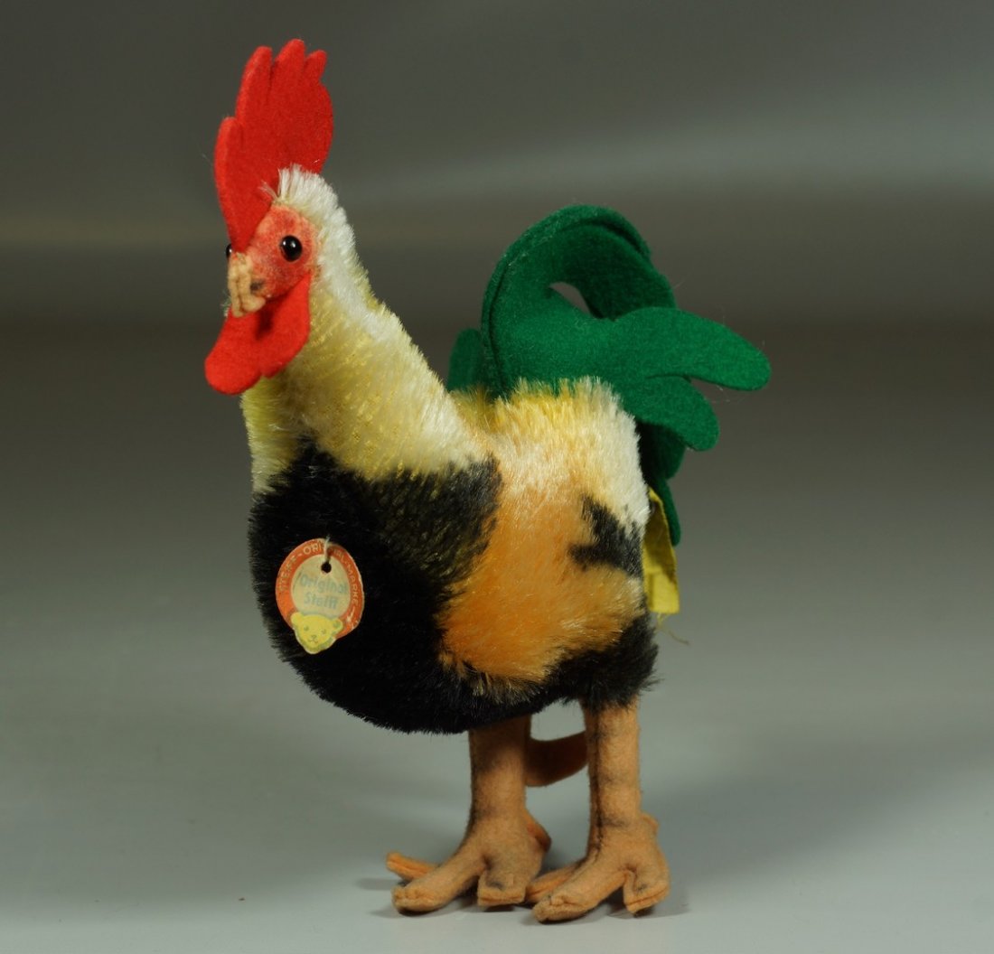 Steiff Black Rooster, nickel script button, yellow tag,: Steiff Black Rooster, nickel script button, yellow tag, 7", c 1959-65