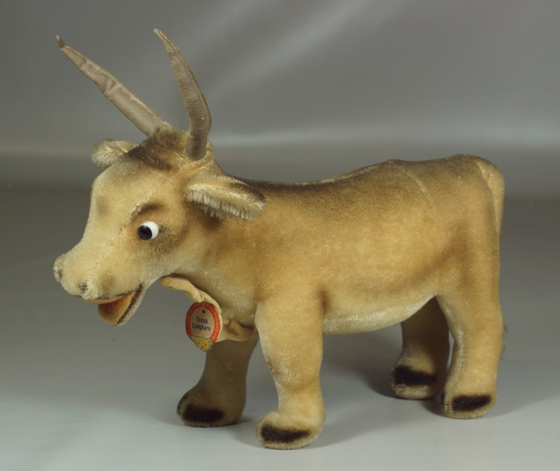 Steiff Gray Steer, nickel ear button, no tag, Texas: Steiff Gray Steer, nickel ear button, no tag, Texas Longhorn, 14", c 1950's