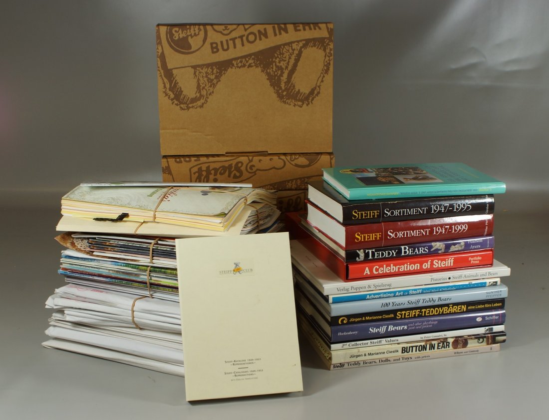 13 reference books on Steiff, 1984-2002 along with 3: 13 reference books on Steiff, 1984-2002 along with 3 Steiff catalogs and an accumulation of Club Collector Magazines