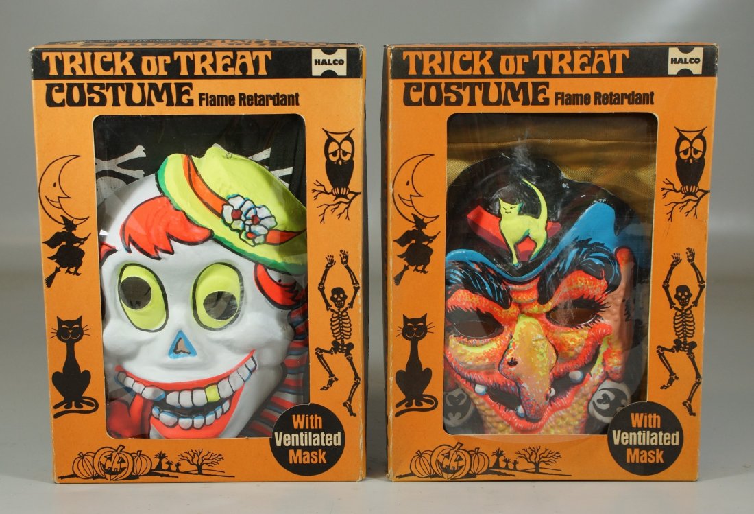 2 Halco Trick or Treat costumes, old stock in original: 2 Halco Trick or Treat costumes, old stock in original boxes, Witch 1618, and Skeleton 1626