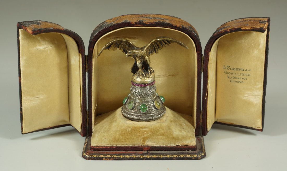 Important jeweled Italian seal, silver, gilt set with: Important jeweled Italian seal, silver, gilt set with emerald beryl, rubies & rhodonite base, outstretched eagle repousse work, made by L Codevilla, Gioielliere via Orefici Genova, 3 1/2" h, with orig