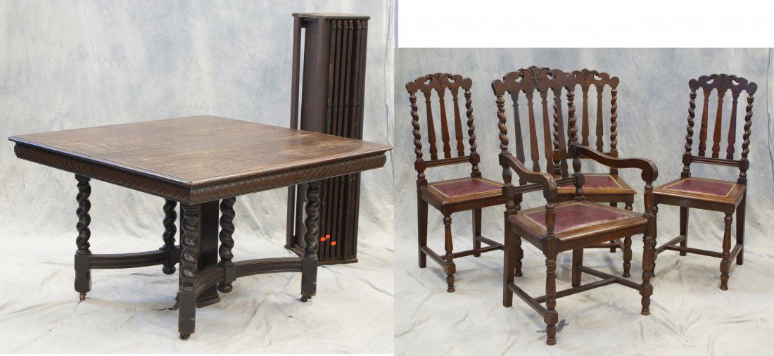 Victorian oak dining table and four chairs, table with: Victorian oak dining table and four chairs, table with barley turned legs and center square support, 3 side chairs and 1 armchair, box of 6 leaves. 29" high, 47" x 48" top