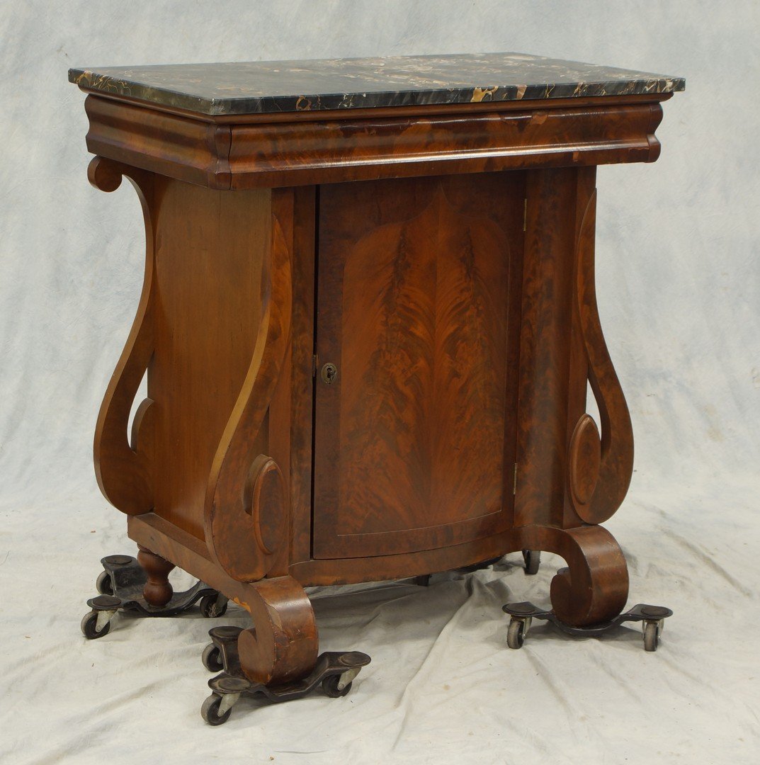 American Federal mahogany cellarette, black marble top: American Federal mahogany cellarette, black marble top with repair, 37" w, 38 1/2" h, perhaps Philadelphia, some veneer losses
