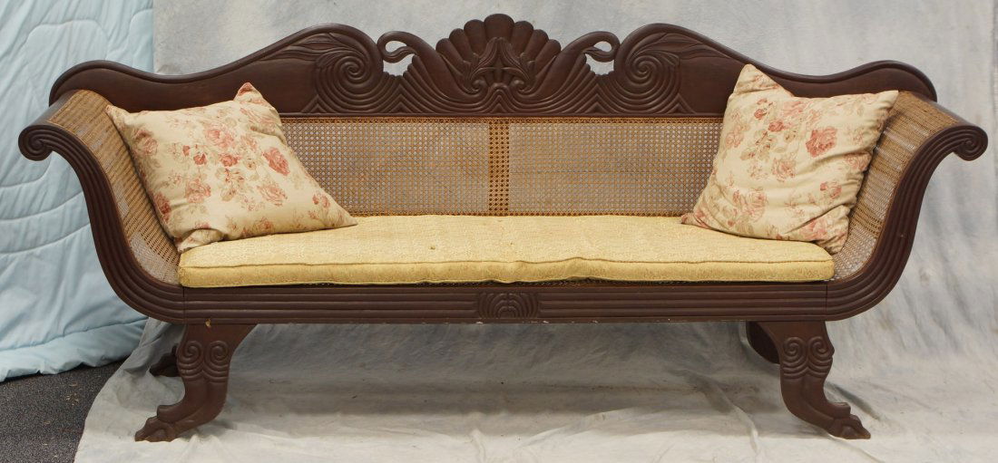 Carved mahogany Anglo-Indian caned back and seat: Carved mahogany Anglo-Indian caned back and seat Regency sofa, caning in good condition, 85 1/4" l, 36" h