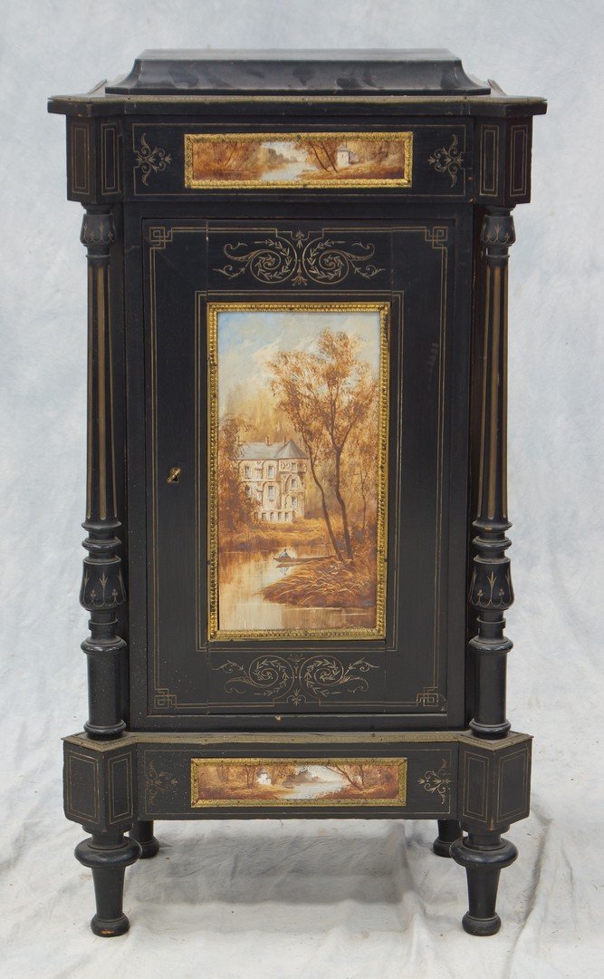 Black lacquered mahogany Victorian side cabinet with HP: Black lacquered mahogany Victorian side cabinet with HP porcelain tiles in door and drawer fronts, artist signed, incised decoration to back of cabinet and throughout front, 42" h, 19" w