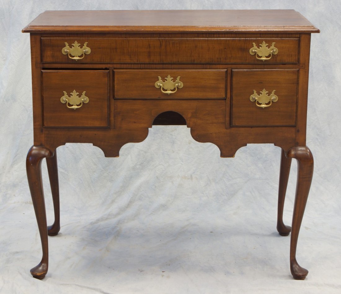Figured maple Queen Anne highboy base with finished: Figured maple Queen Anne highboy base with finished molded mahogany top, replaced brasses, 36 3/4" w, 35 1/2" h, 19 3/8" d, 18th c, New England
