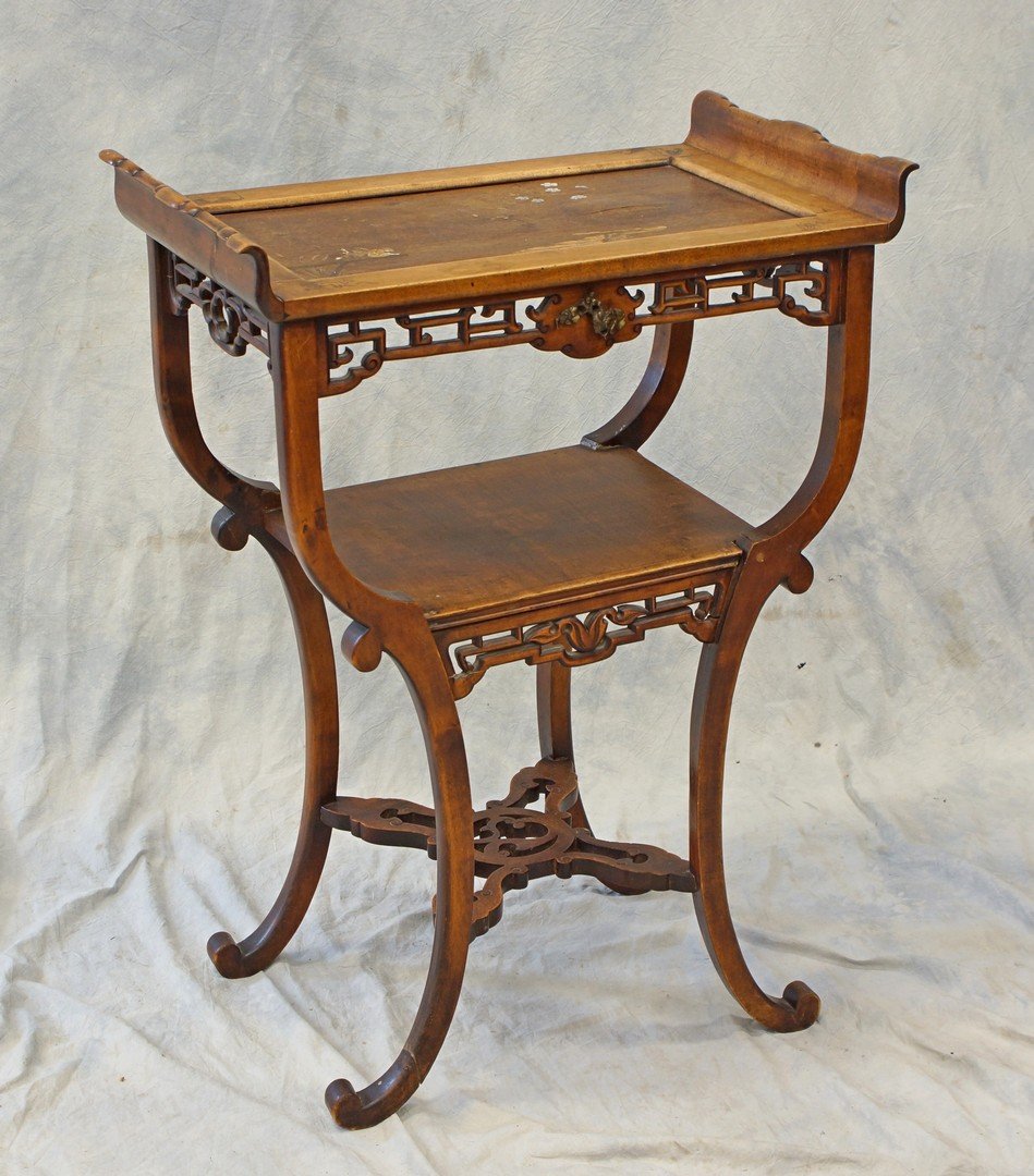 Carved and inlaid Asian side table, top with MOP and: Carved and inlaid Asian side table, top with MOP and wood inlaid scenes of fisherman and frog, 23 1/2" x 14 1/4", 31 1/2" h, late 19th, early 20th c
