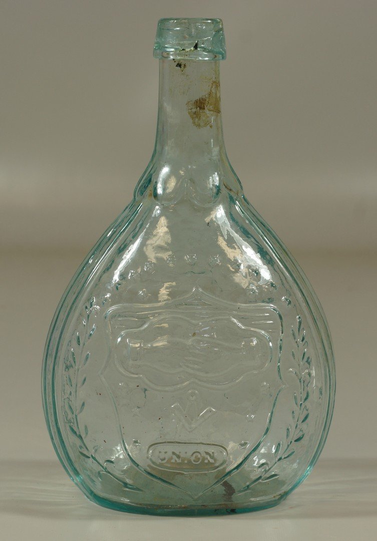 Aqua calabash flask, Clasped Hands, Union, Masonic: Aqua calabash flask, Clasped Hands, Union, Masonic device and Eagle/A.R.S. verso, 8 5/8" tall, with applied top and rough pontil, chip to top