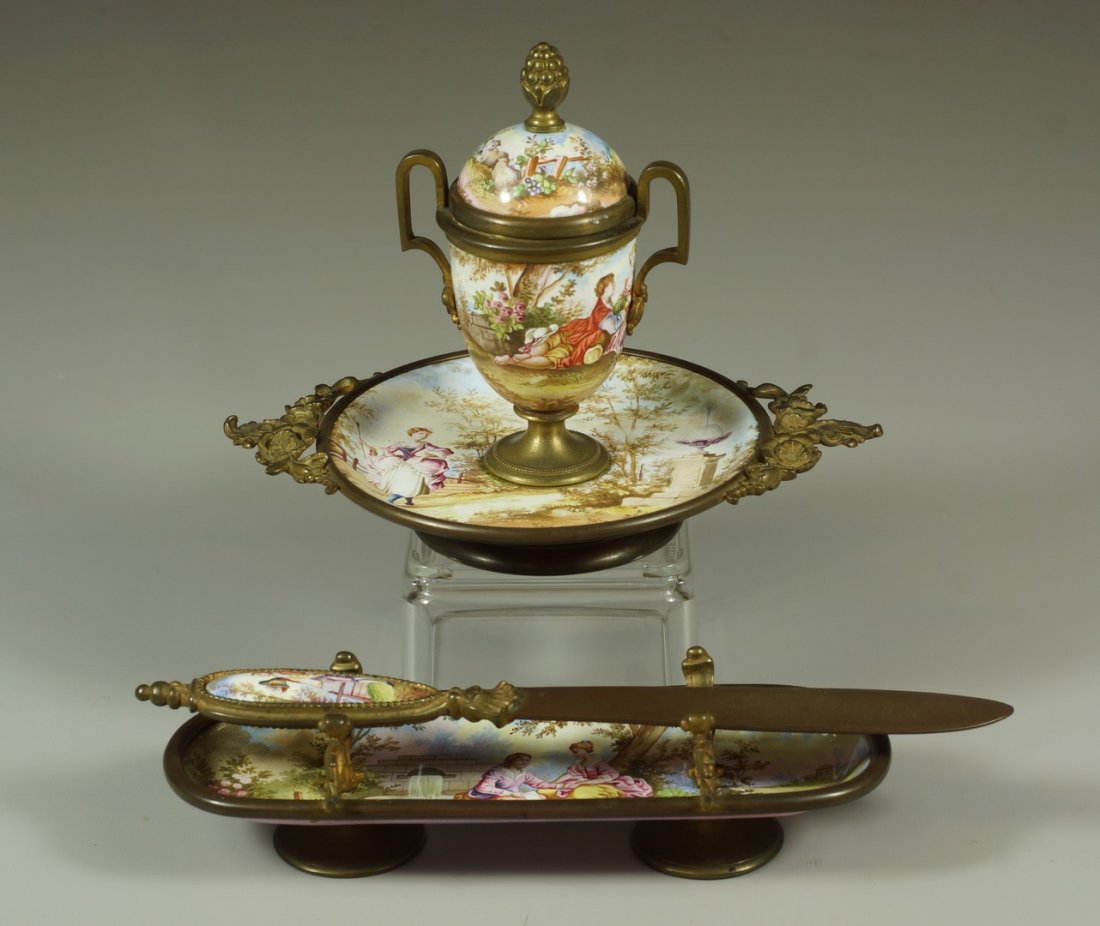 3-Piece Viennese enamel desk set, inkwell, pen holder,: 3-Piece Viennese enamel desk set, inkwell, pen holder, letter opener, tallest 5"