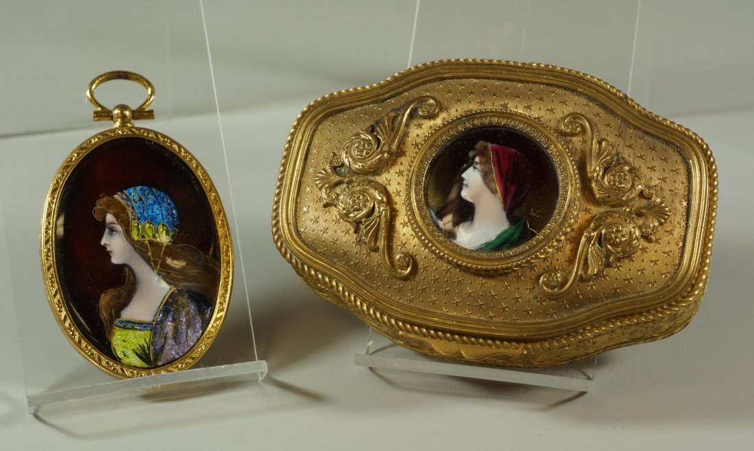 2 French enameled medallions, one set as miniature, one: 2 French enameled medallions, one set as miniature, one set into ormolu dresser box signed lower right, largest 4" wide