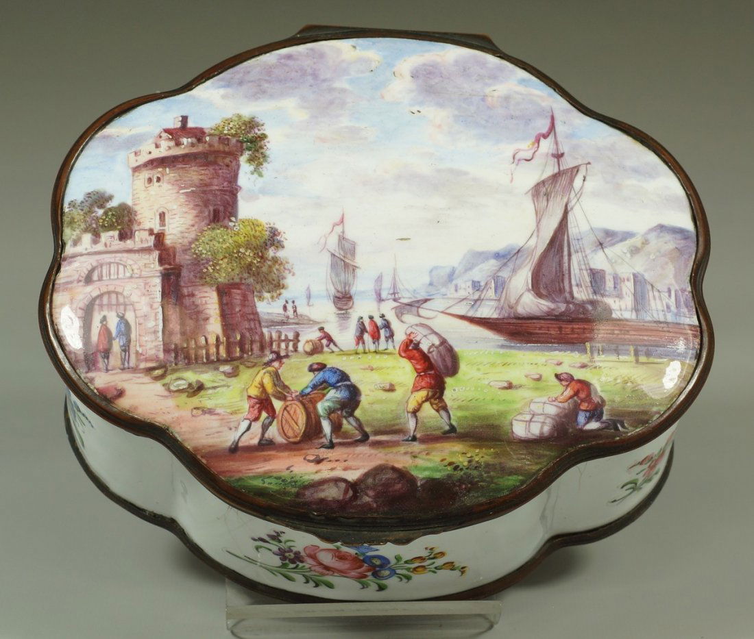 Large Continental enameled box, harbor scene, minor: Large Continental enameled box, harbor scene, minor enamel loss at back hinge, 5 1/2" x 4 3/4" x 2" high