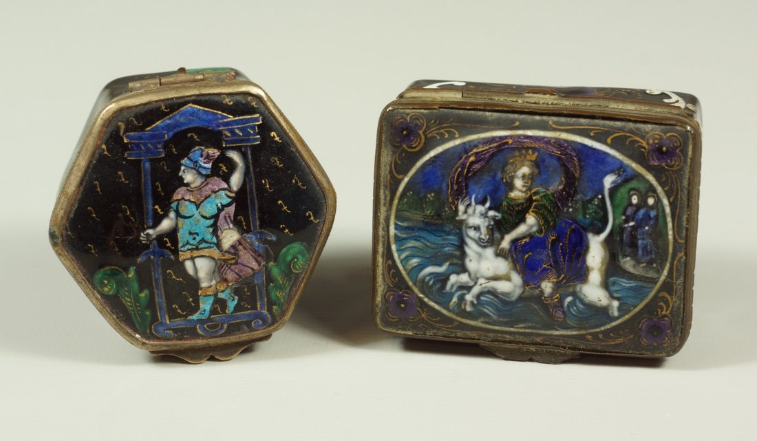 2 Limoges enameled dresser boxes, one depicting Europa: 2 Limoges enameled dresser boxes, one depicting Europa and the Bull, one depicting Classical warrior, largest 2" w