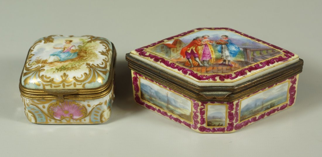 2 Continental enameled porcelain boxes, romantic: 2 Continental enameled porcelain boxes, romantic scenes, largest 3 1/2" w