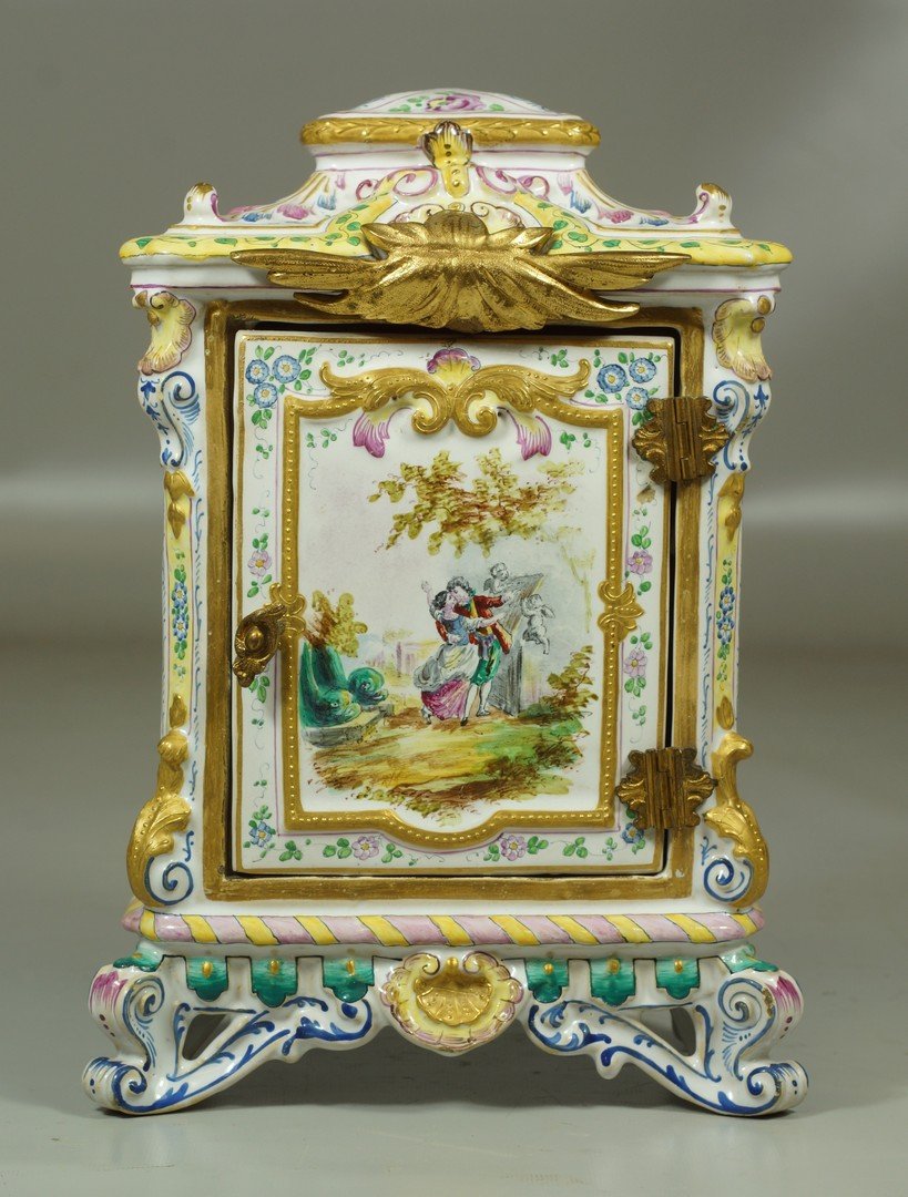 Ormolu mounted Continental Faience miniature cabinet,: Ormolu mounted Continental Faience miniature cabinet, dancing couple with cherubs, 9" high