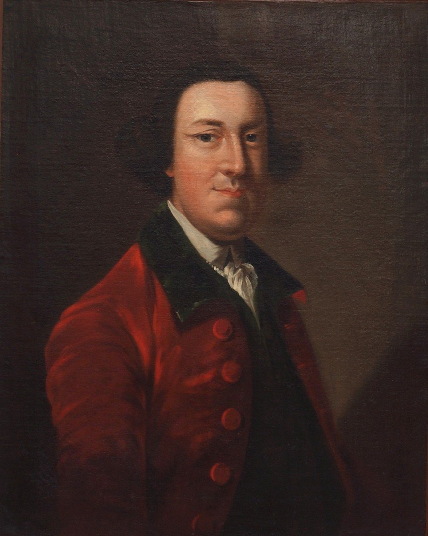 18th/19th C. School, American, oil on canvas, portrait: 18th/19th C. School, American, oil on canvas, portrait of a man in red jacket, unsigned, relined, 26" x 21"sight size, 31" x 25" framed, birdseye maple frame.