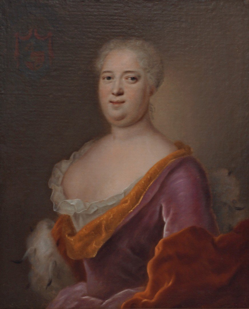 18th century school, Continental or English, portrait: 18th century school, Continental or English, portrait of a lady in a low-cut dress, crest of arms in the upper left corner, unsigned and uninscribed, relined, 30" x 26"sight size, 36 1/2" x 31" framed